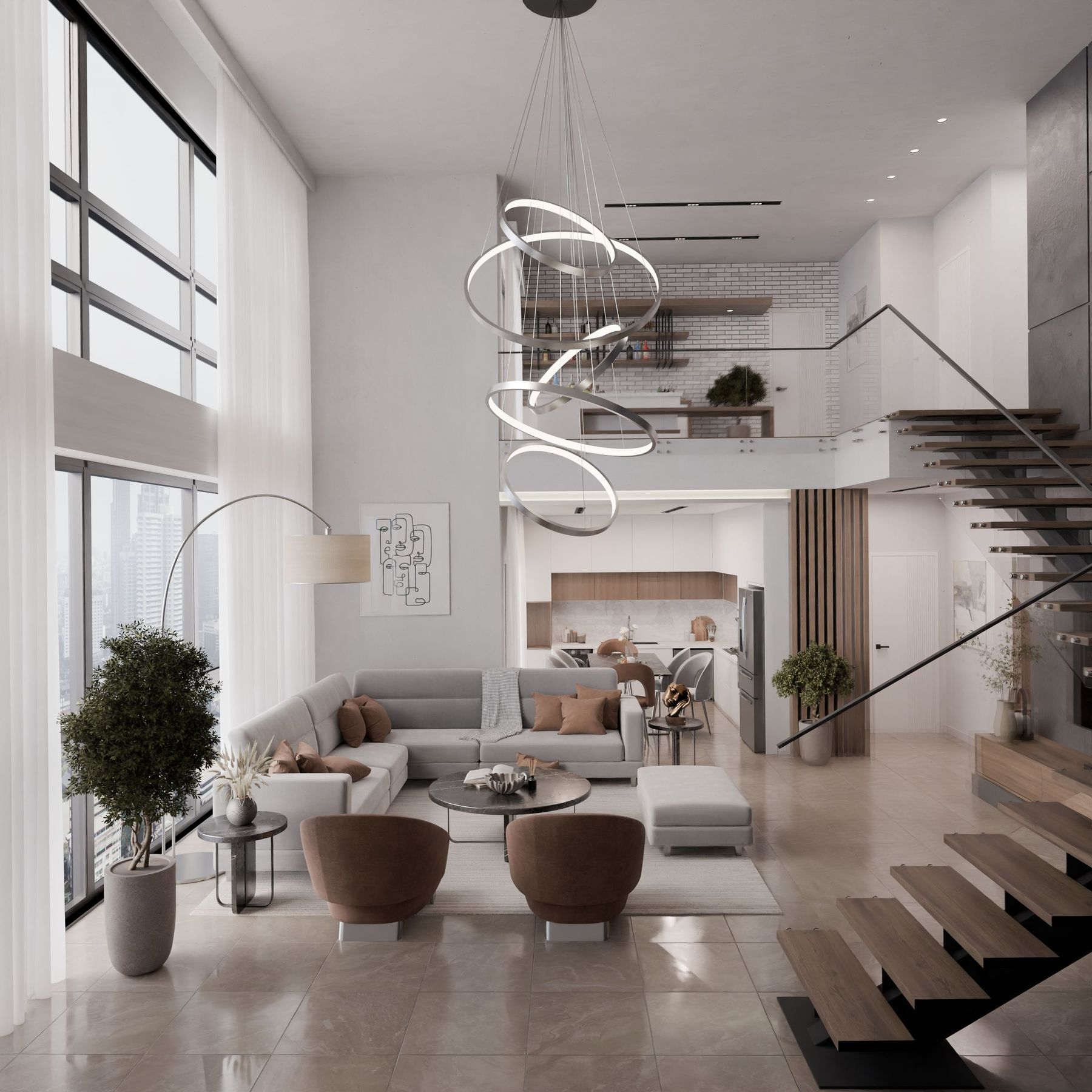 Open-plan living and kitchen addition with tall windows
